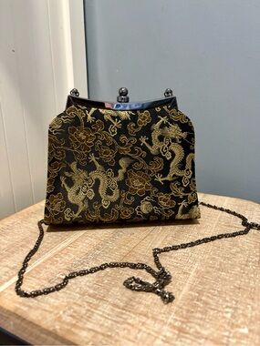 Gold Dragon Embroidered Black Evening Crossbody Bag